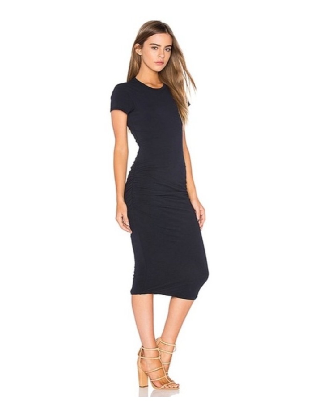 James Perse Short-Sleeve Ruched Midi Dress Silk Blend French Navy Blue Large New